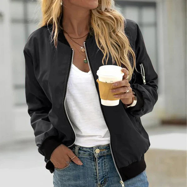 Women's Bomber Jacket with Zip-Up Closure and Utility Sleeve Pocket