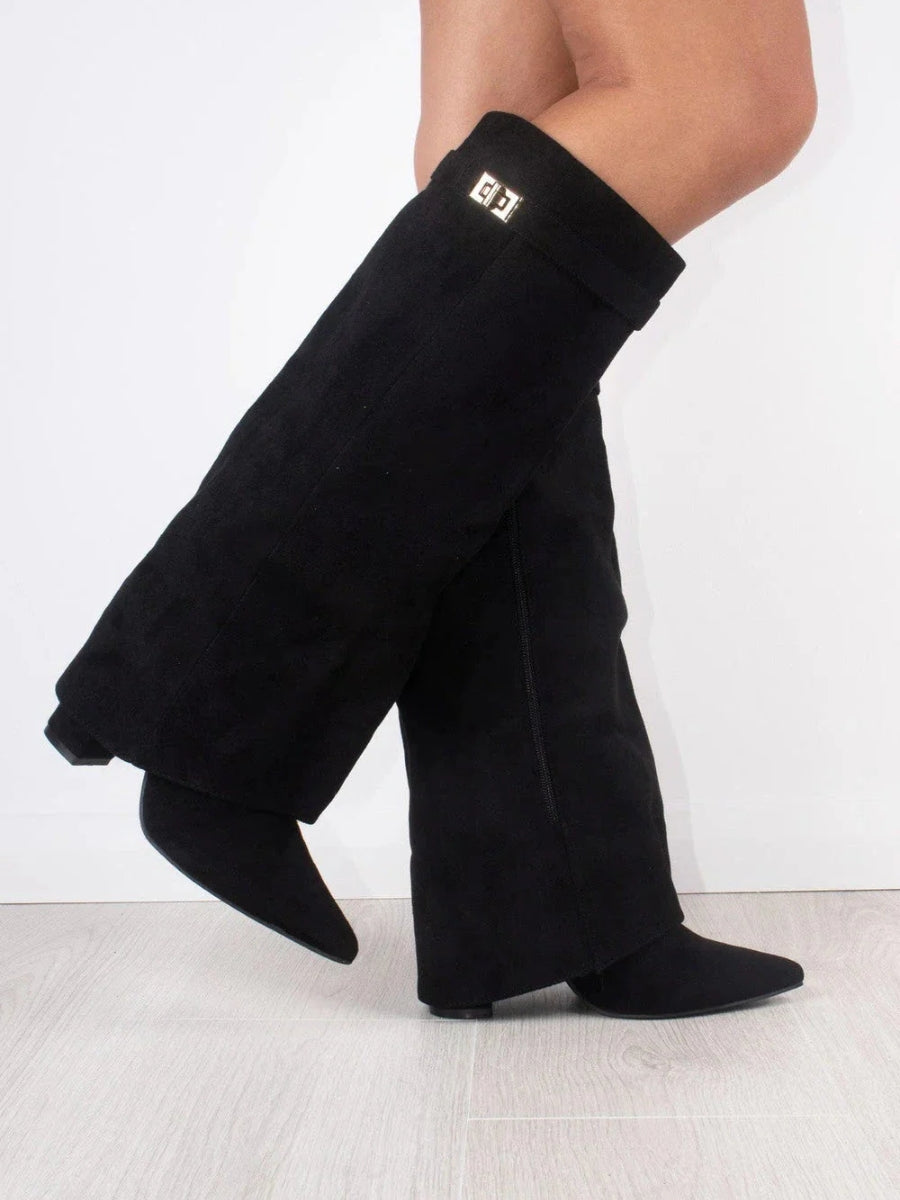 Wide Flare Top Knee High Boots for Women with Block Heel