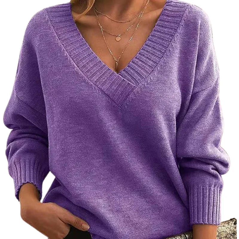 Relaxed Fit V-Neck Textured Knit Sweater for Women - Regular Length