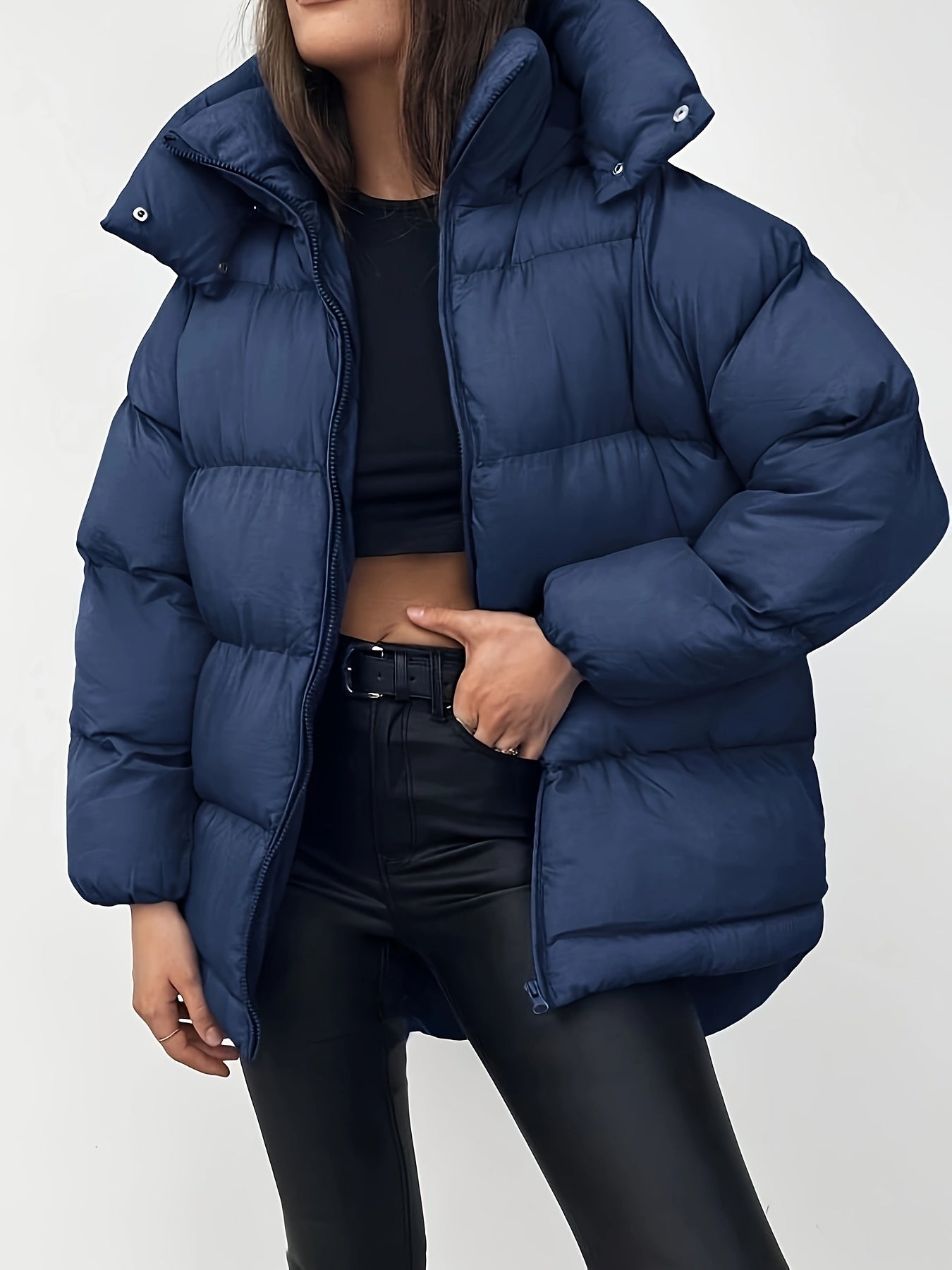 Women's Quilted Short Hooded Puffer Jacket with High Collar