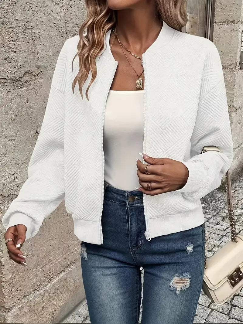 Textured Zip-Up Cardigan for Women with Ribbed Hem and Long Sleeves