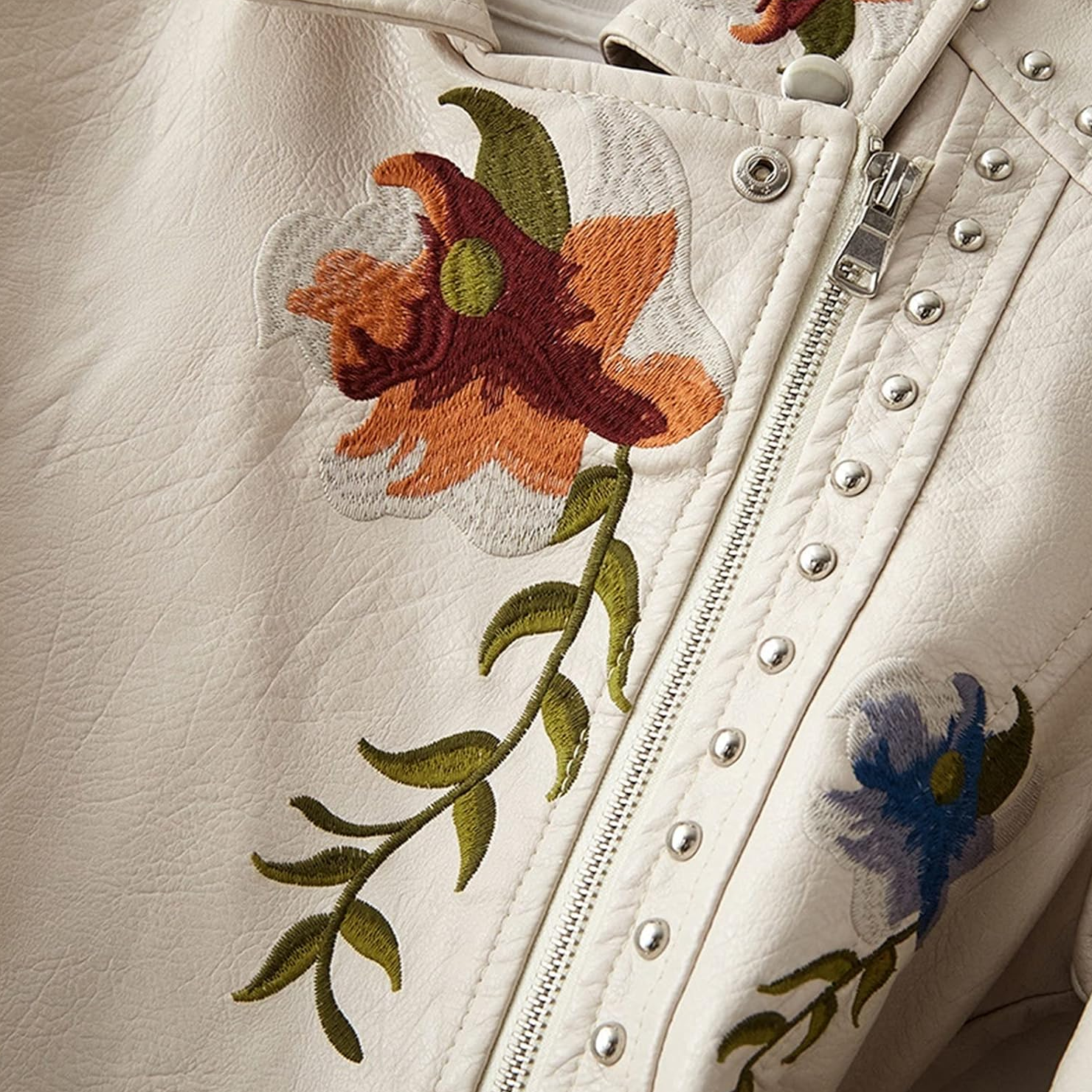Embroidered and Studded Leather Jacket for Women