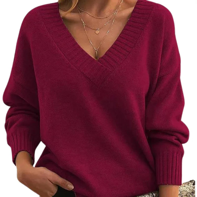 Relaxed Fit V-Neck Textured Knit Sweater for Women - Regular Length