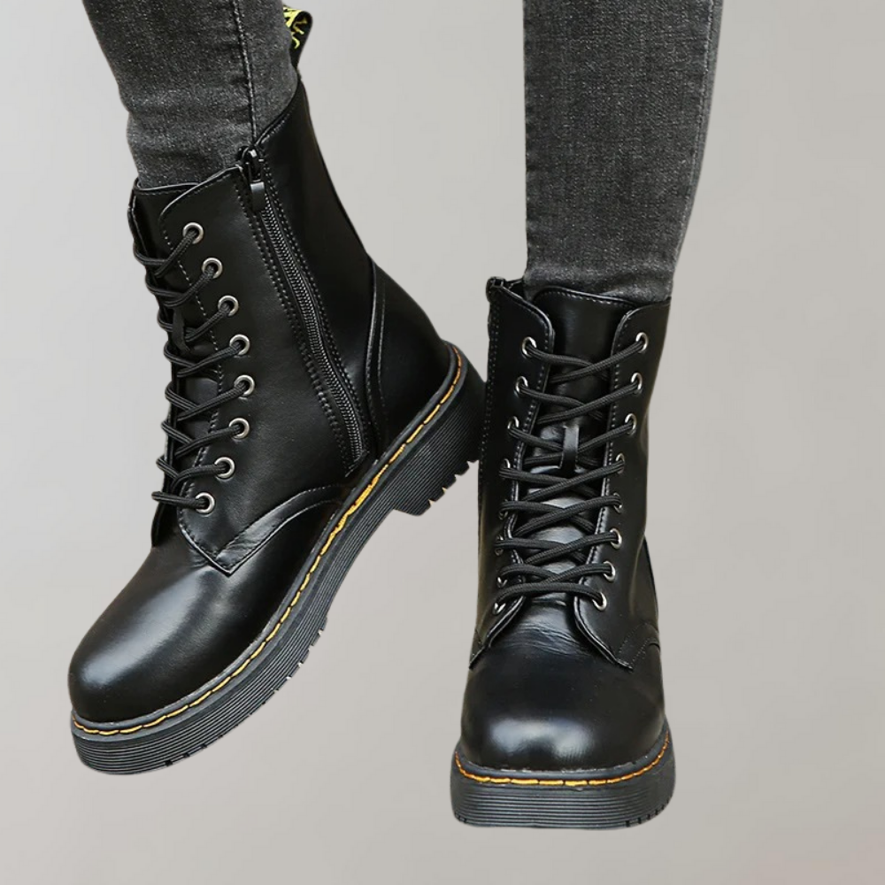 Women's Lace-Up Combat Boots Featuring a Sturdy Sole and Side Zipper