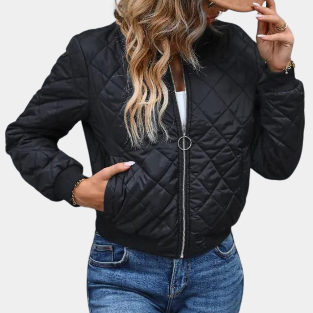 Women's Zip-Front Quilted Bomber Jacket with Ribbed Trim