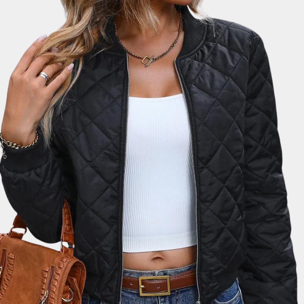 Women's Zip-Front Quilted Bomber Jacket with Ribbed Trim
