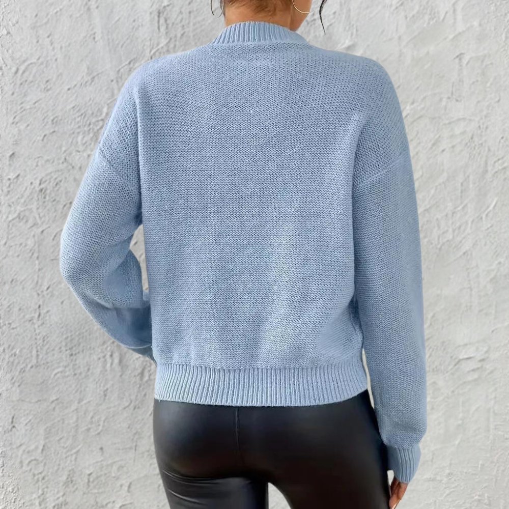 Women's Round Neck Blue Cable Knit Sweater with Long Sleeves