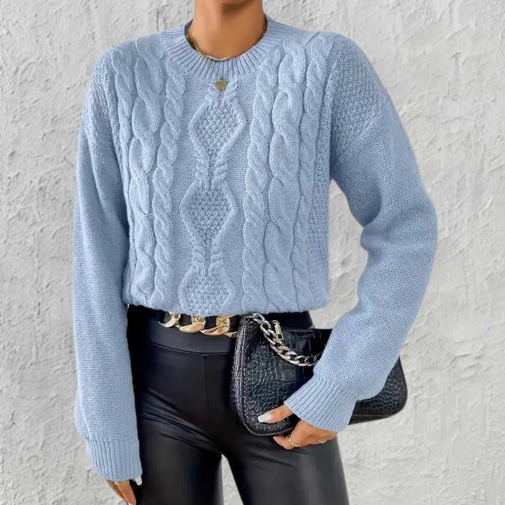 Women's Round Neck Blue Cable Knit Sweater with Long Sleeves