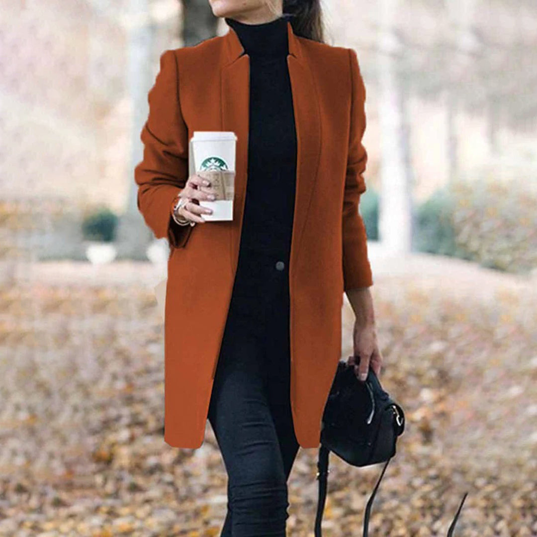 Women's Sleek-Fit Long Wool Trench Coat with Stand Collar