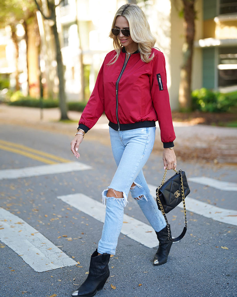 Zip-Front Women's Bomber Jacket with Ribbed Trim