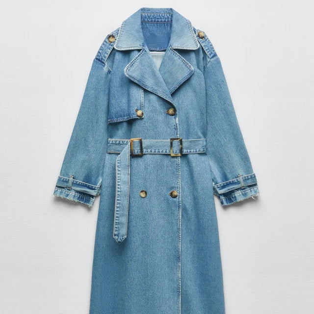 Button-Front Oversized Denim Trench Coat for Women