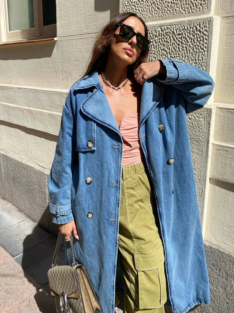 Button-Front Oversized Denim Trench Coat for Women