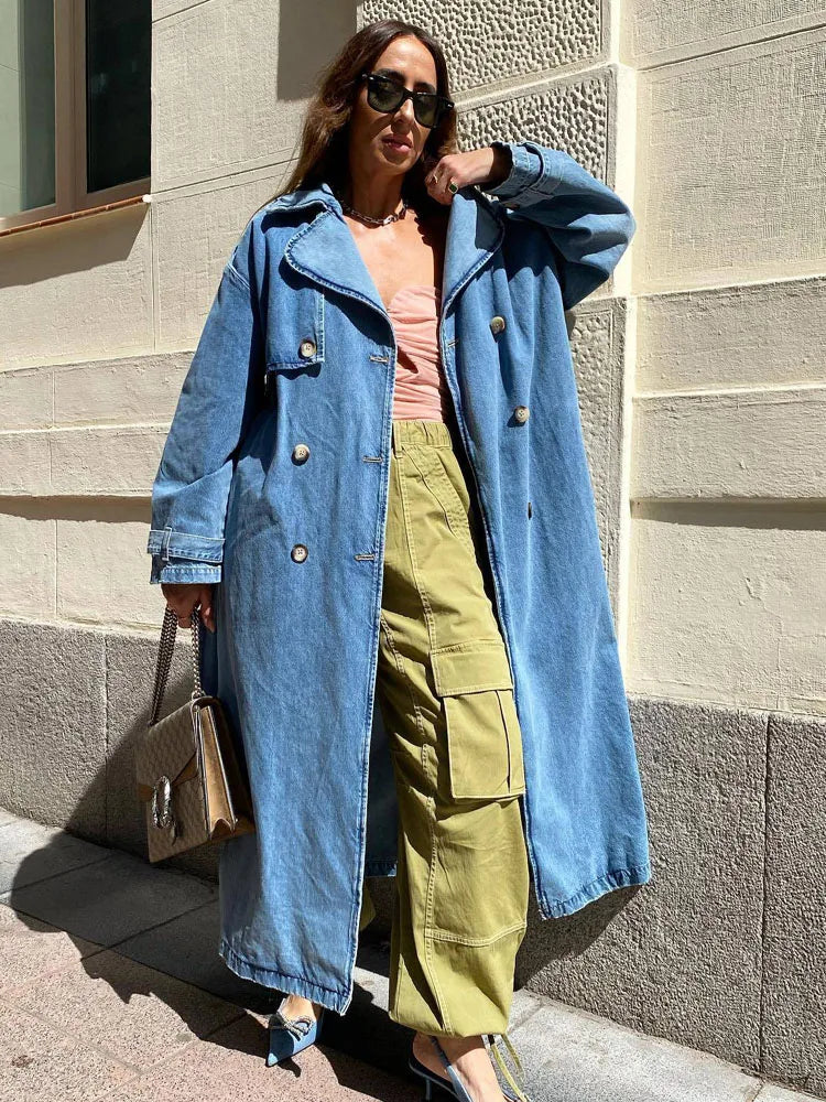 Button-Front Oversized Denim Trench Coat for Women