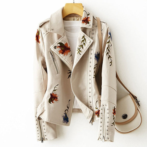 Embroidered and Studded Leather Jacket for Women