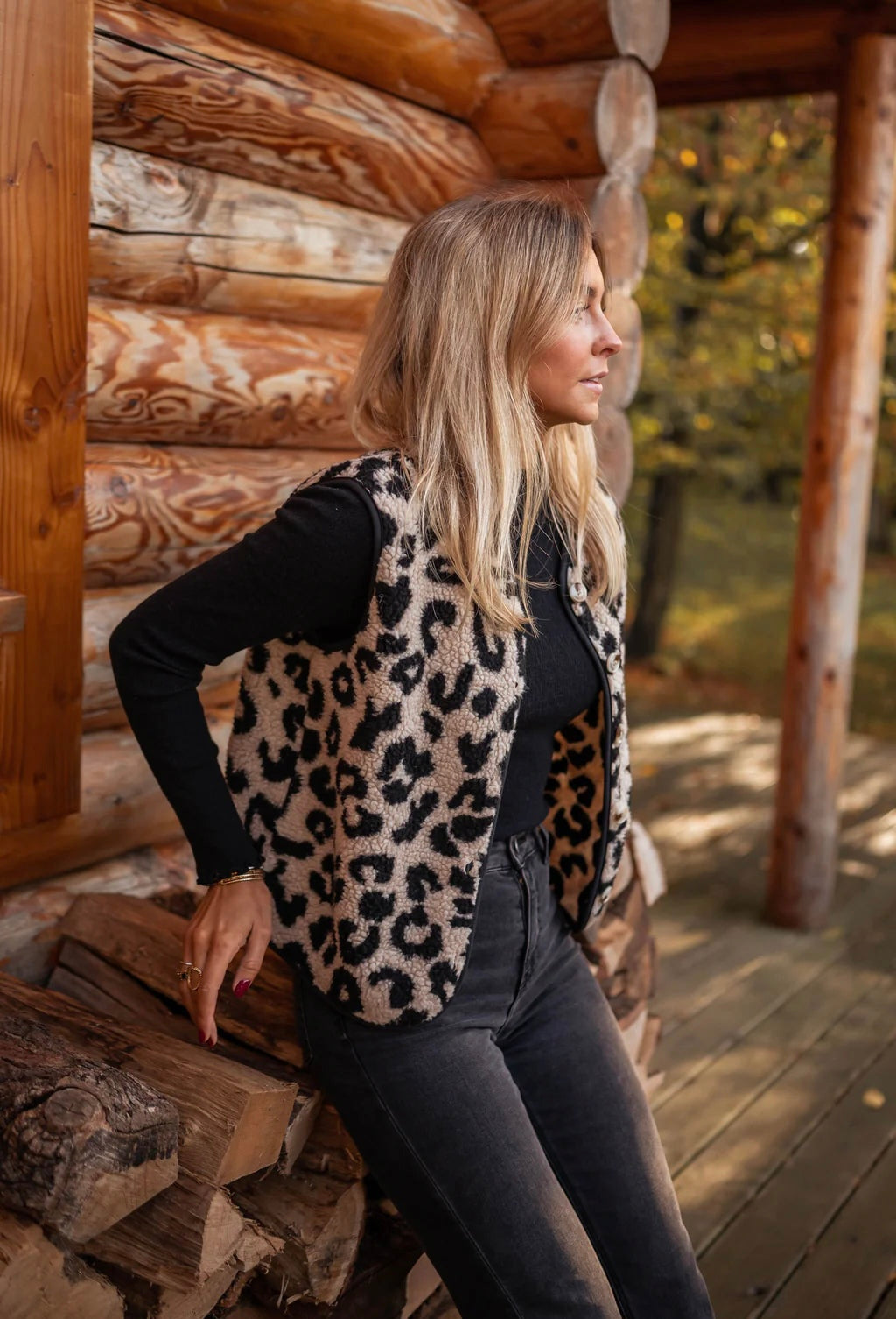 Button-Front Knit Vest for Women in Leopard Print