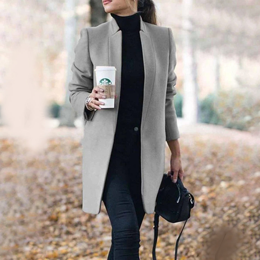 Women's Sleek-Fit Long Wool Trench Coat with Stand Collar