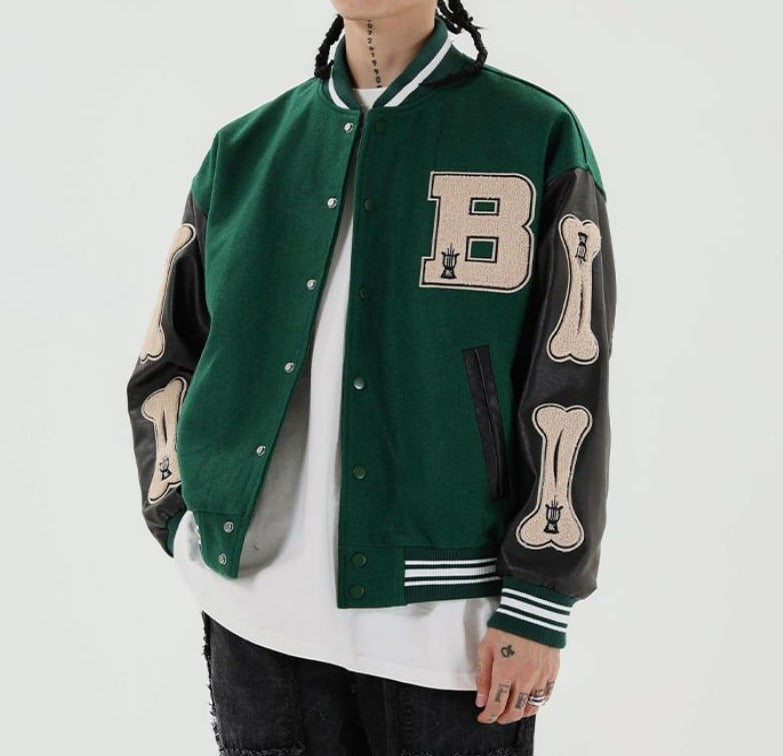 Women's Graphic Varsity Bomber Jacket Featuring Bone Sleeve Design