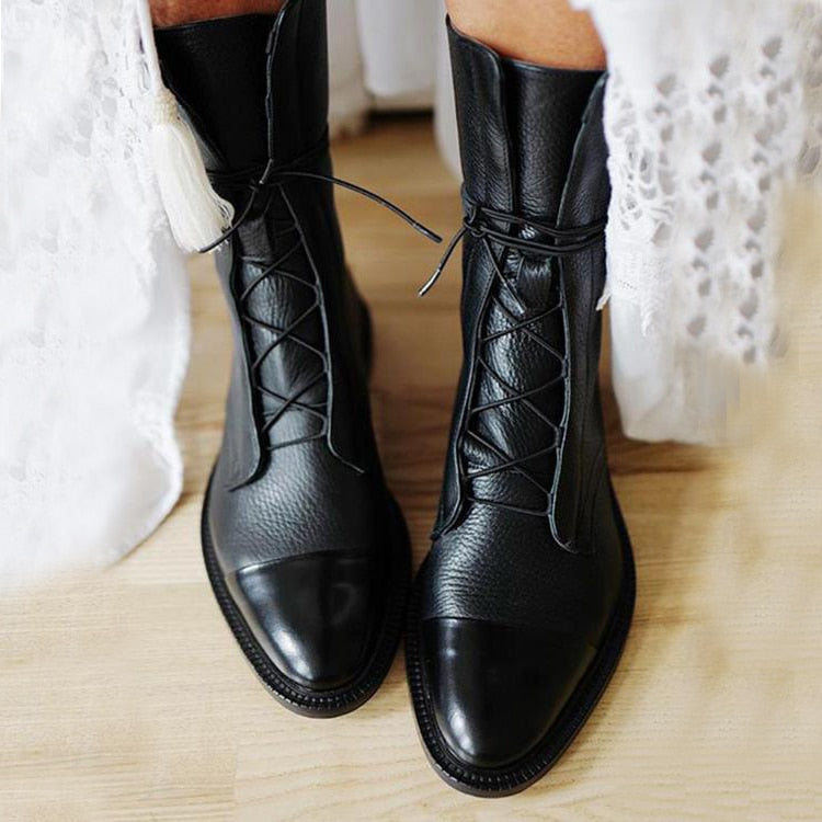 Elegant Mid-Calf Lace-Up Boots for Women with Low Heel