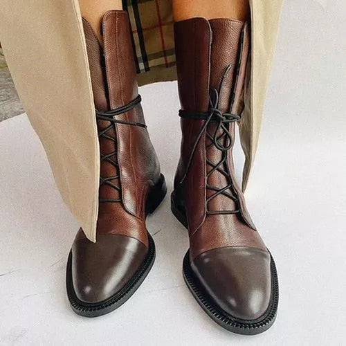Elegant Mid-Calf Lace-Up Boots for Women with Low Heel