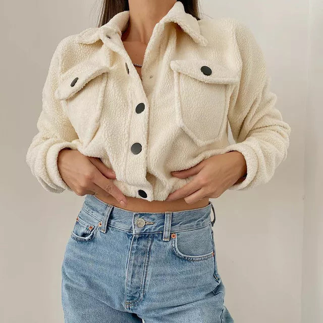 Women's Button-Front Cropped Bomber Jacket with Flap Pockets