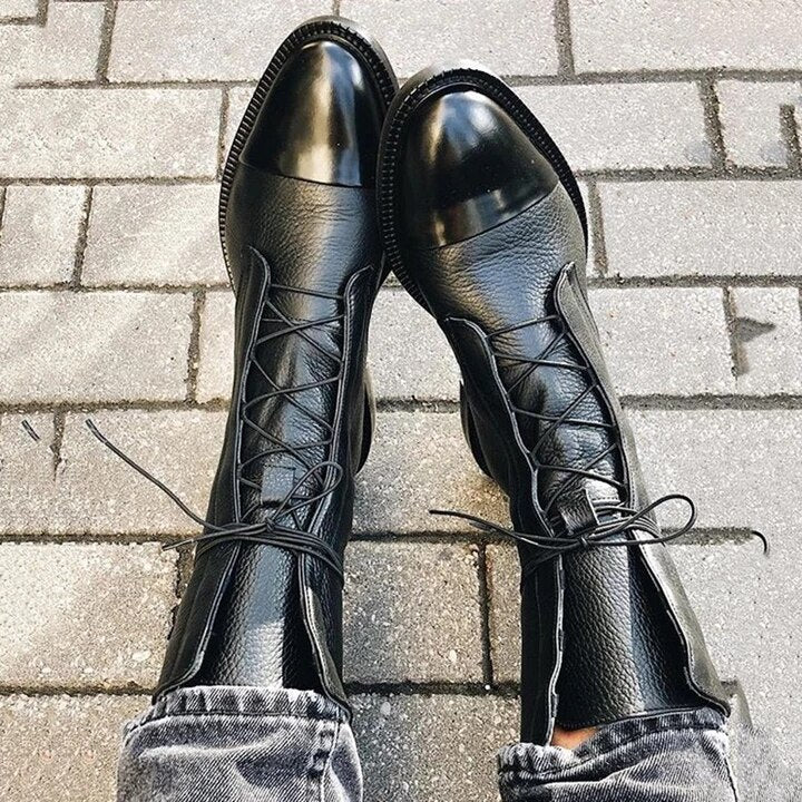 Elegant Mid-Calf Lace-Up Boots for Women with Low Heel