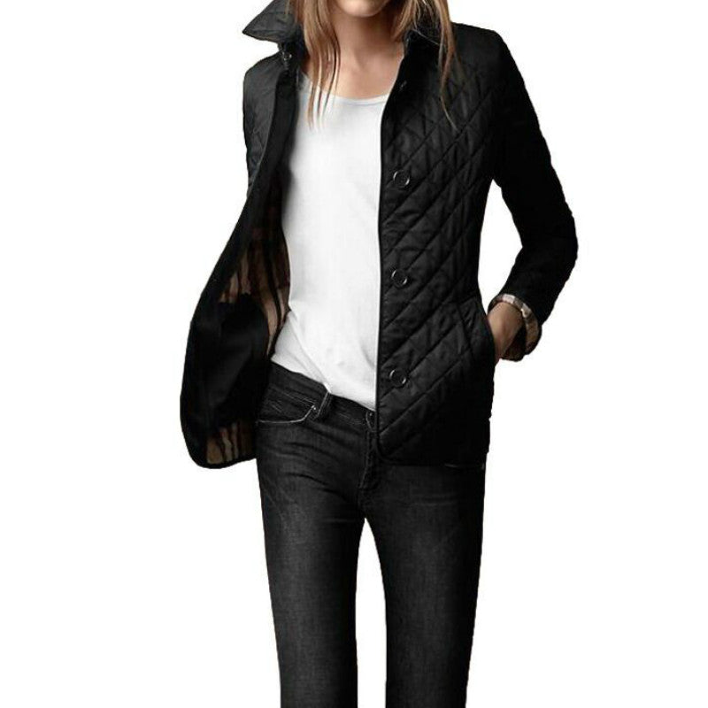 Women's Quilted Bomber Jacket with Button Closure and Foldable Cuffs