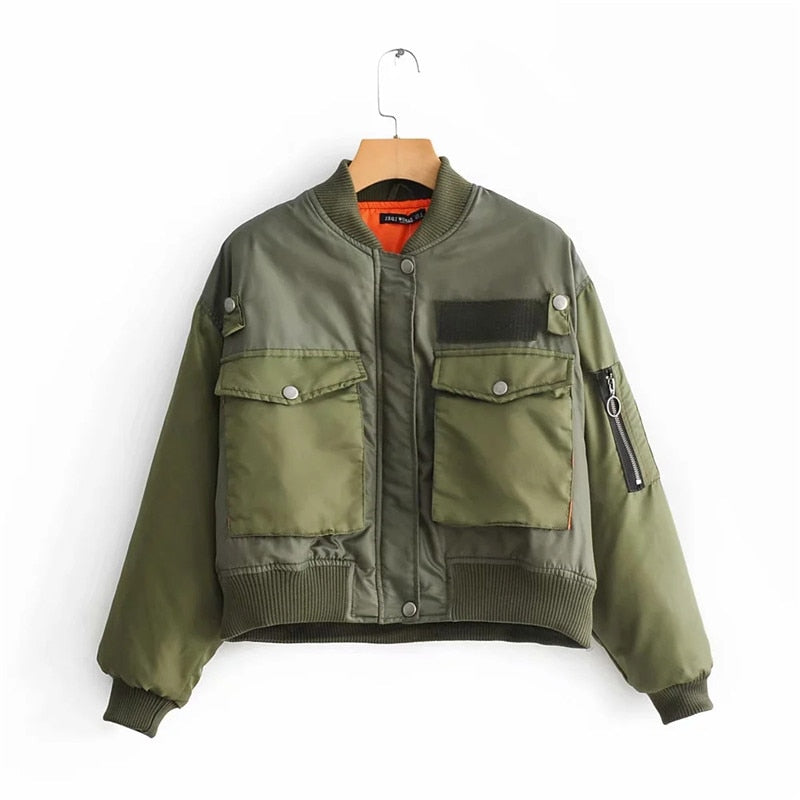 Women's Cropped Utility Bomber Jacket featuring Patch Pockets and Zip Sleeves