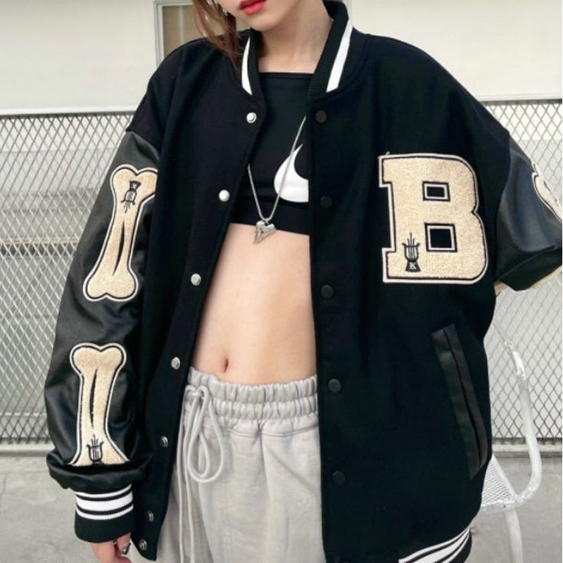 Women's Graphic Varsity Bomber Jacket Featuring Bone Sleeve Design