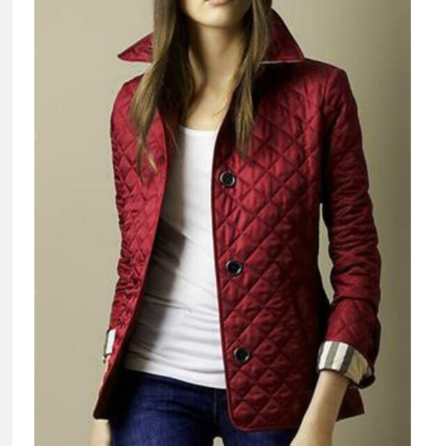 Women's Quilted Bomber Jacket with Button Closure and Foldable Cuffs