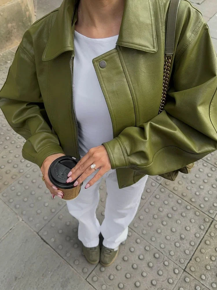 Women's Oversized Zip-Front Jacket with Flap Pockets