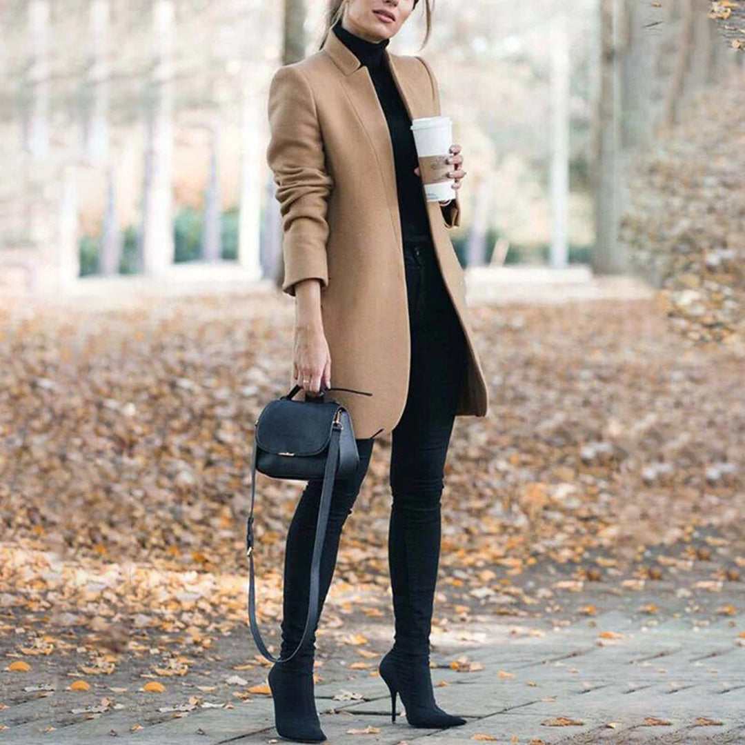 Women's Sleek-Fit Long Wool Trench Coat with Stand Collar