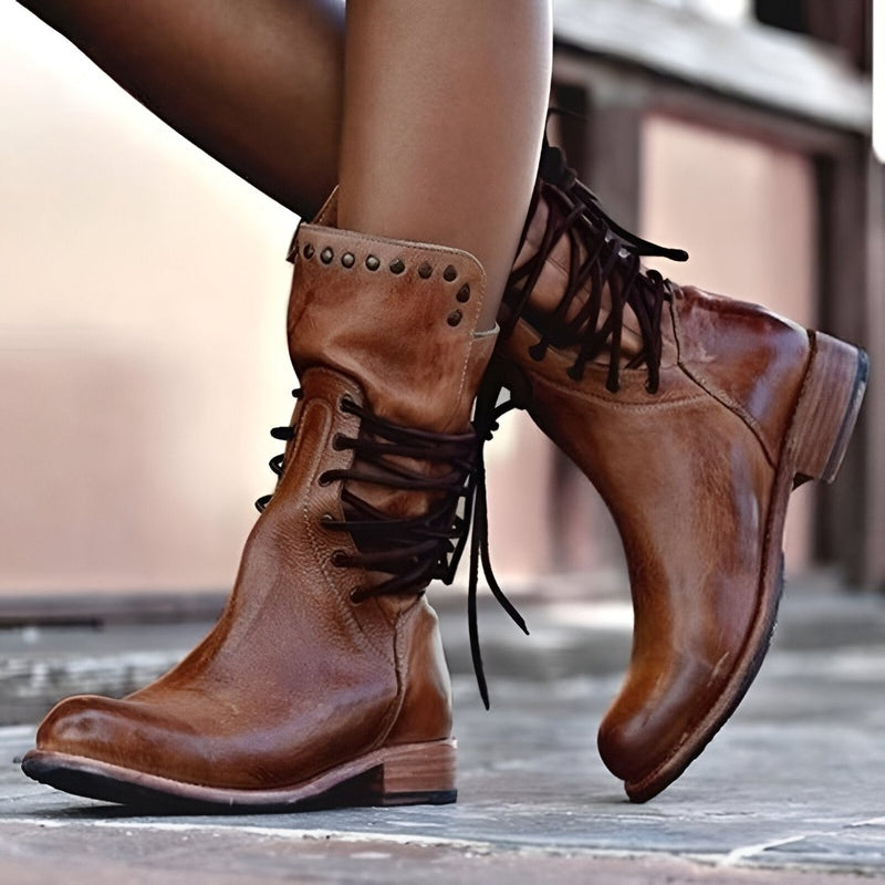 Vintage-Inspired Mid-Calf Lace-Up Boots for Women with Studded Detail and Low Heel