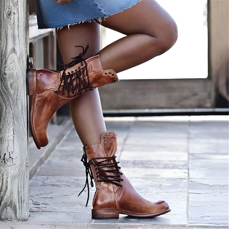 Vintage-Inspired Mid-Calf Lace-Up Boots for Women with Studded Detail and Low Heel