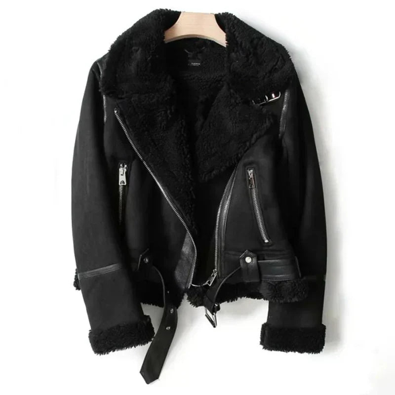 Women's Leather Jacket Featuring Belted Hem and Zipper Fastening
