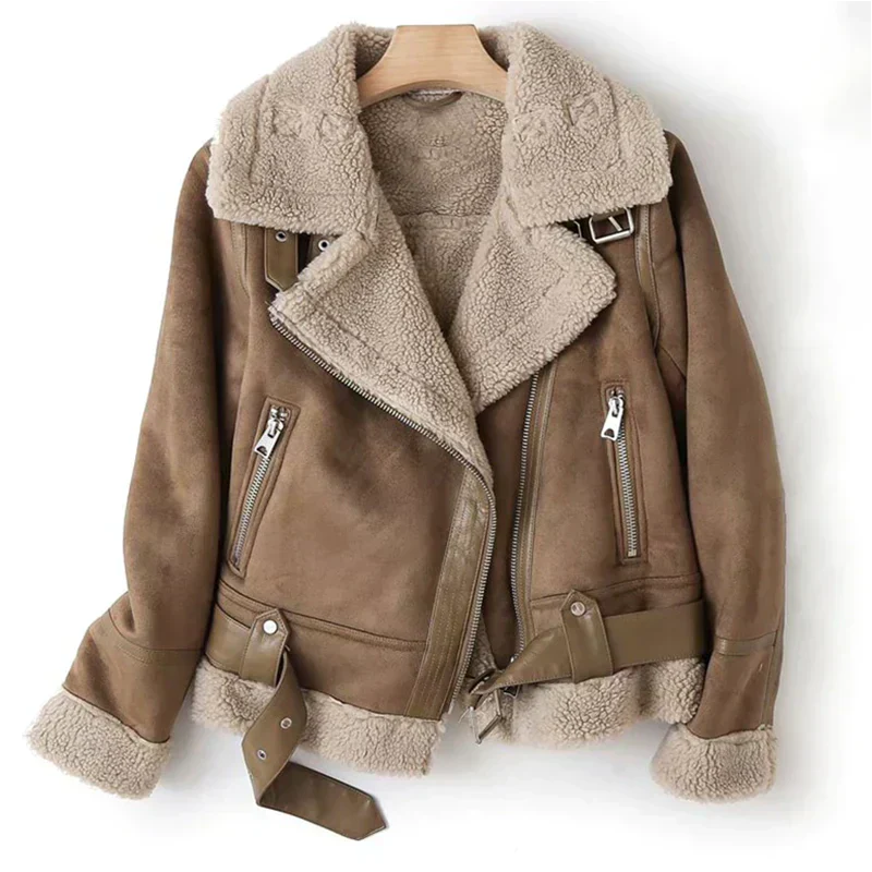 Women's Leather Jacket Featuring Belted Hem and Zipper Fastening