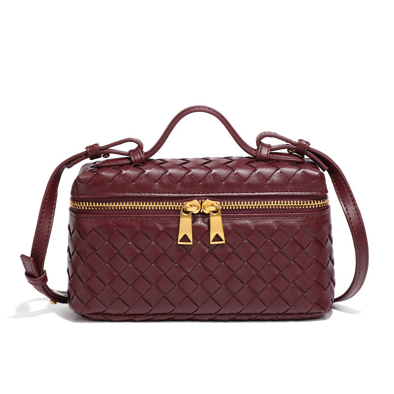 Women's Woven Box Handbag with Top Handle and Gold Zipper Accents