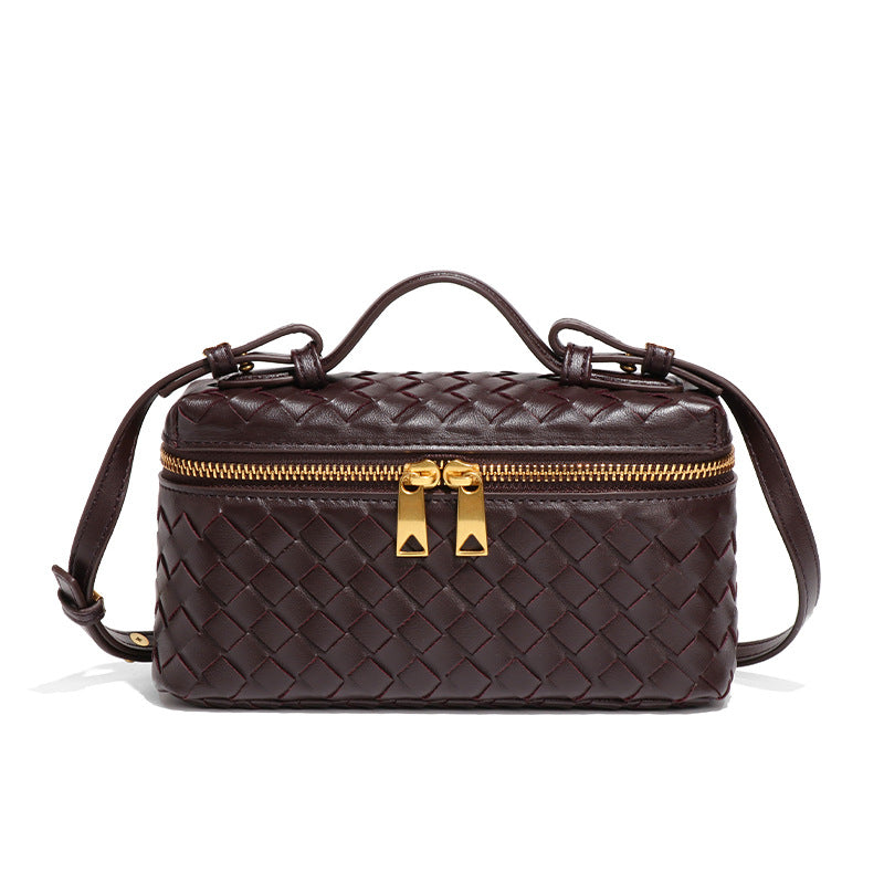 Women's Woven Box Handbag with Top Handle and Gold Zipper Accents