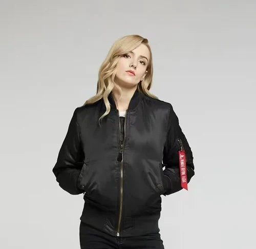 Women's Wind-Resistant Bomber Jacket Featuring Zip Pocket and Ribbed Cuffs
