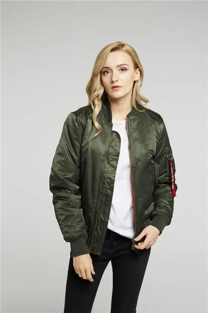 Women's Wind-Resistant Bomber Jacket Featuring Zip Pocket and Ribbed Cuffs