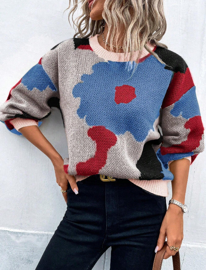 Women's Knit Jumper with Pattern, Round Neck, and Balloon Sleeves