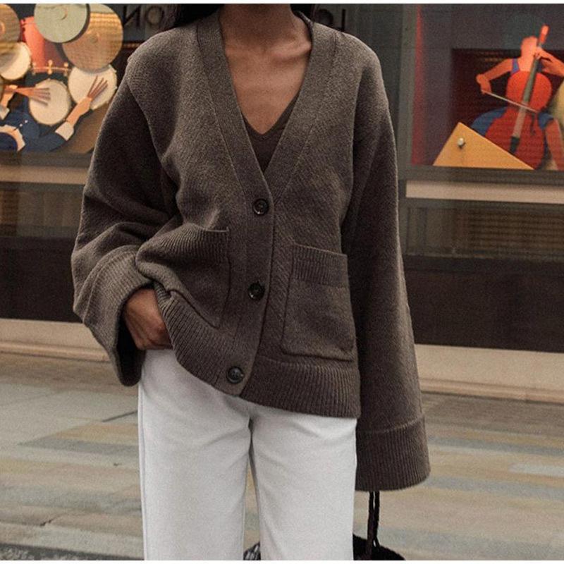 V-Neck Button-Up Cardigan for Women with Ribbed Hem and Patch Pockets