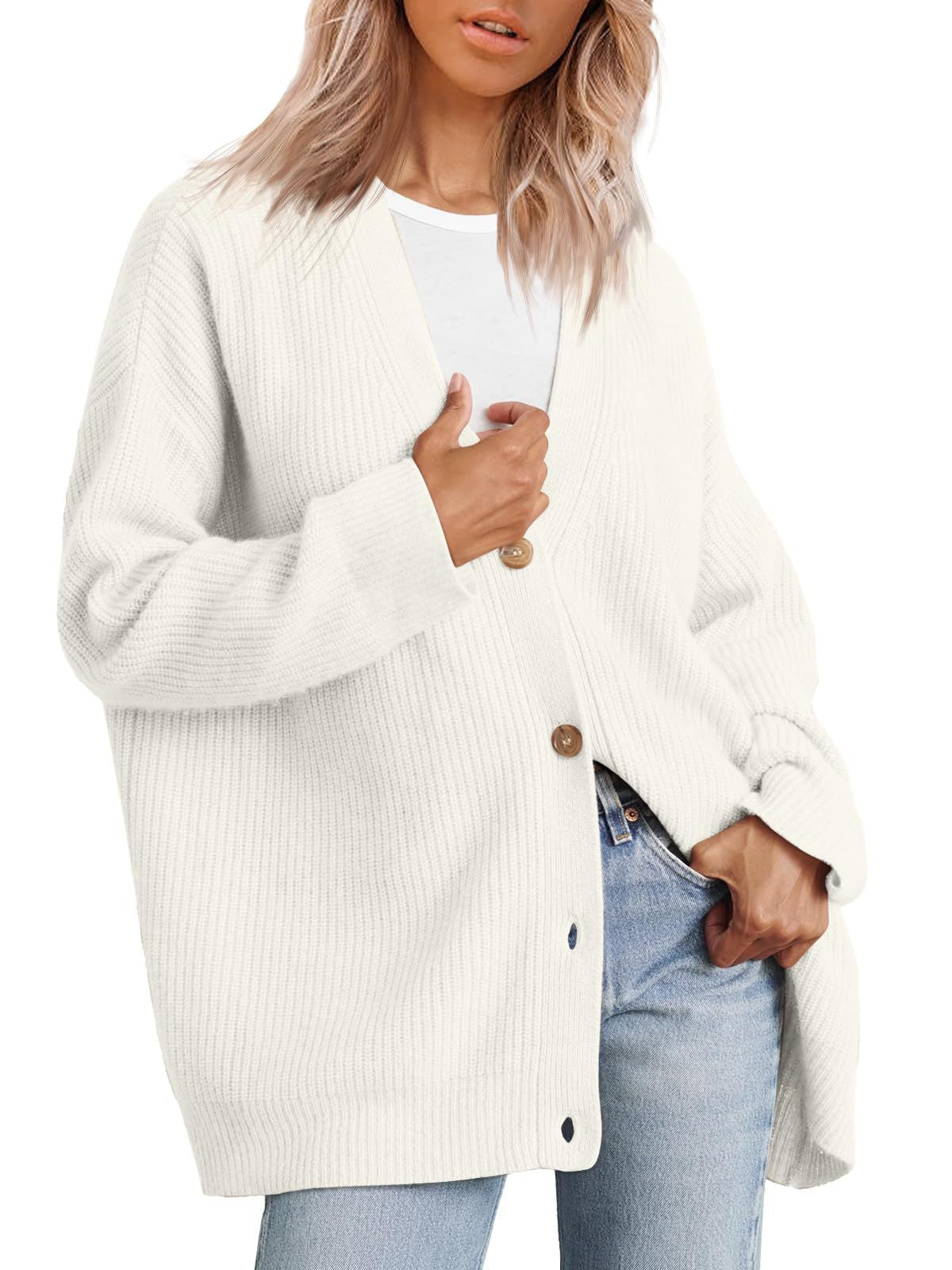 Relaxed Fit Striped Knit Cardigan for Women with Button-Up Closure