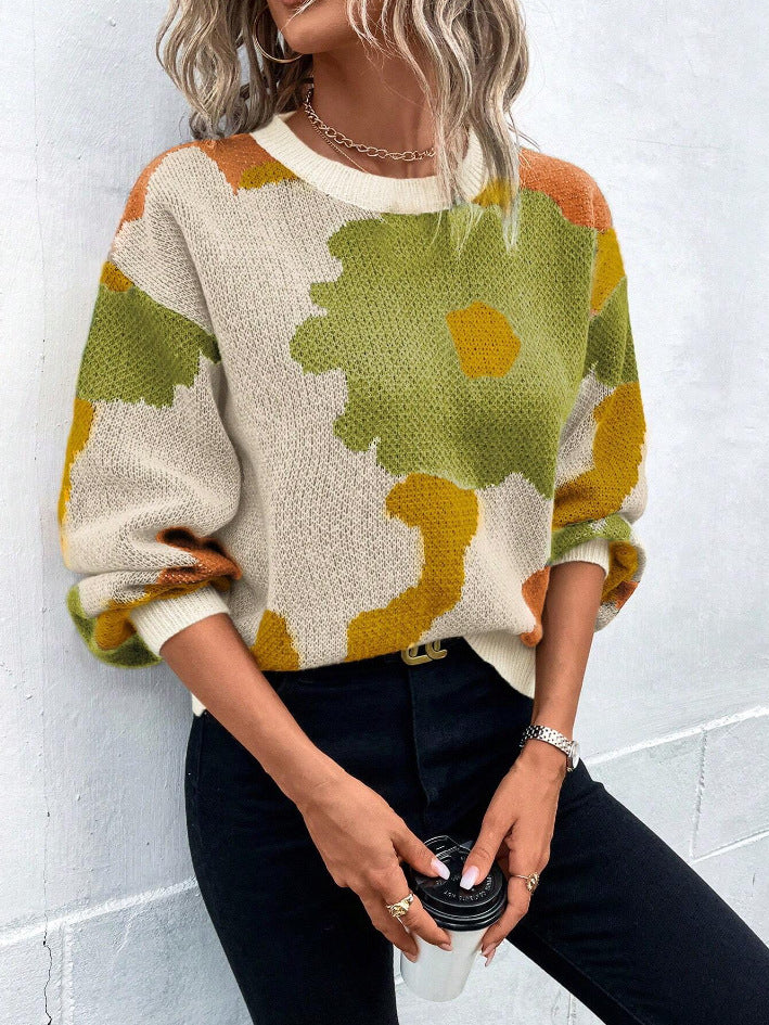 Women's Knit Jumper with Pattern, Round Neck, and Balloon Sleeves