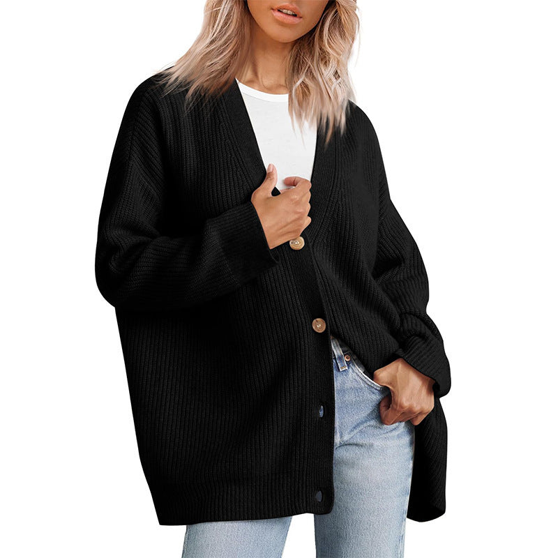 Relaxed Fit Striped Knit Cardigan for Women with Button-Up Closure