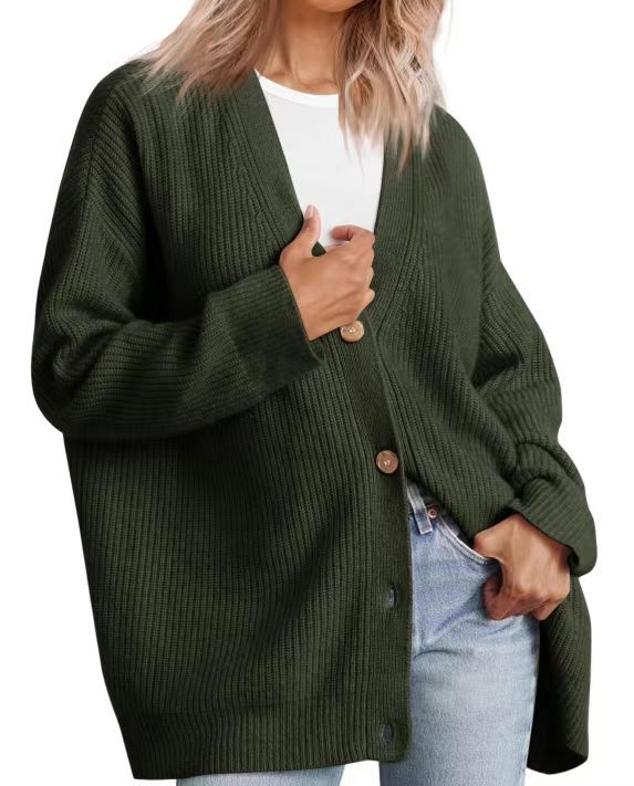 Relaxed Fit Striped Knit Cardigan for Women with Button-Up Closure