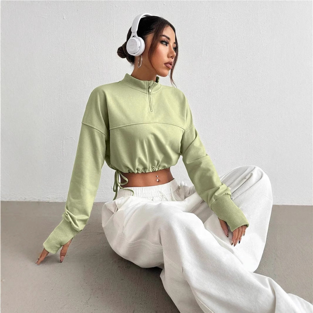 Women's Cropped Zip-Neck Sweatshirt with Balloon Sleeves