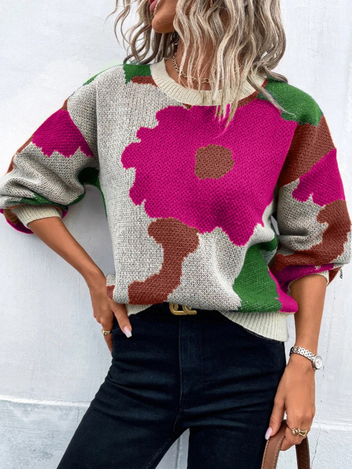 Women's Knit Jumper with Pattern, Round Neck, and Balloon Sleeves