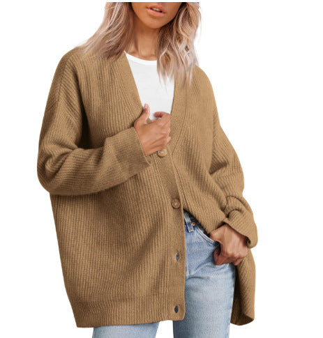 Relaxed Fit Striped Knit Cardigan for Women with Button-Up Closure
