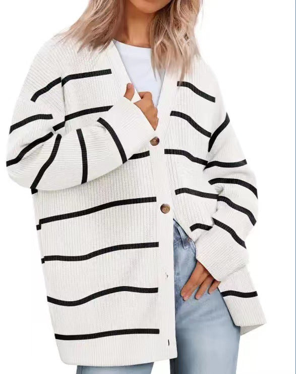 Relaxed Fit Striped Knit Cardigan for Women with Button-Up Closure