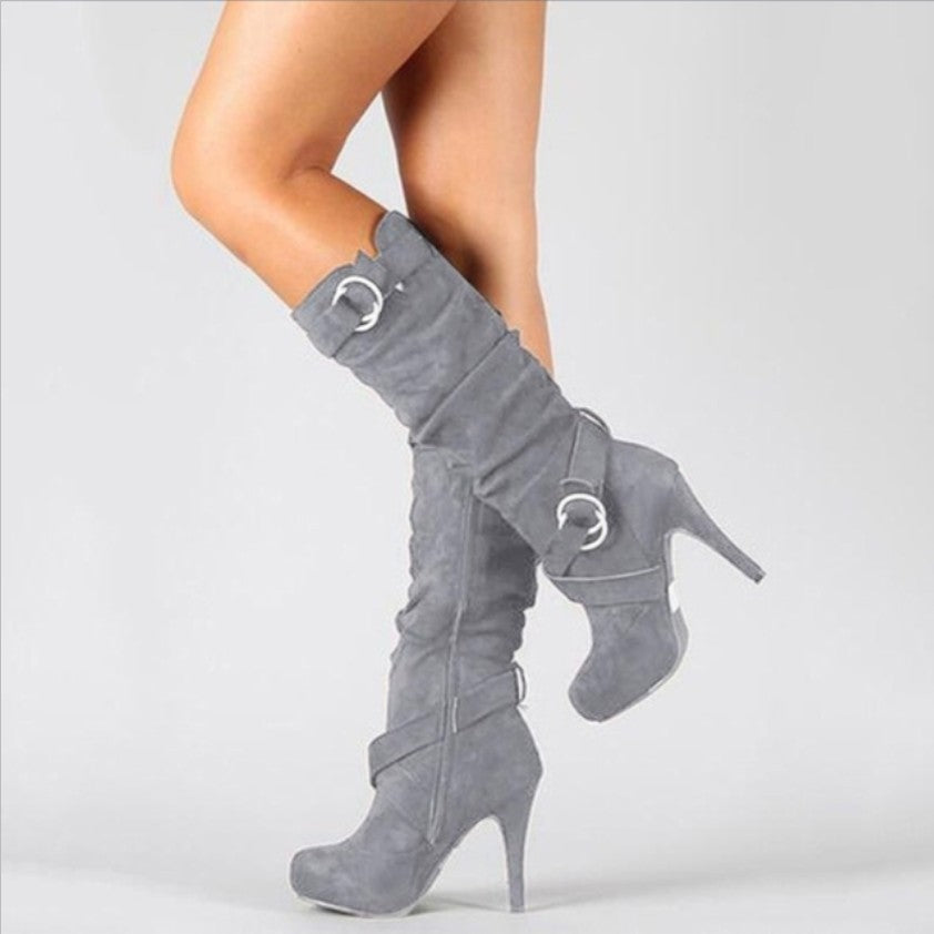 Stiletto Heeled Knee-High Boots for Women with Buckle Strap